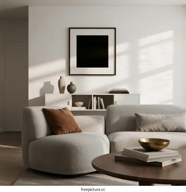 Modern Living Room Interior with Curved Sofa and Decorative Elements
