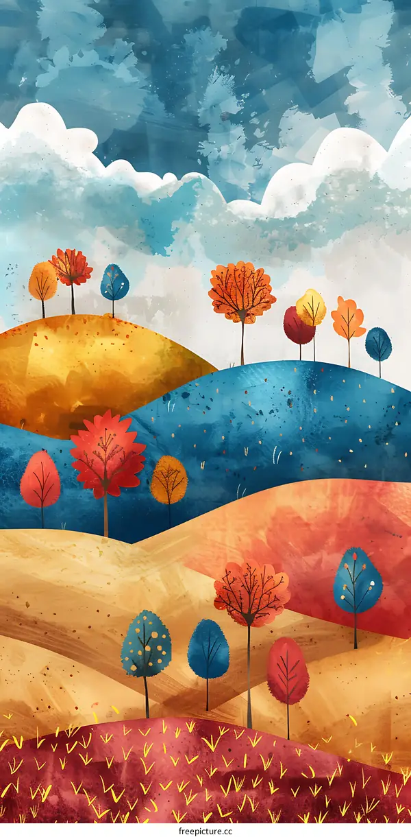Autumn Landscape with Watercolor Hills and Trees