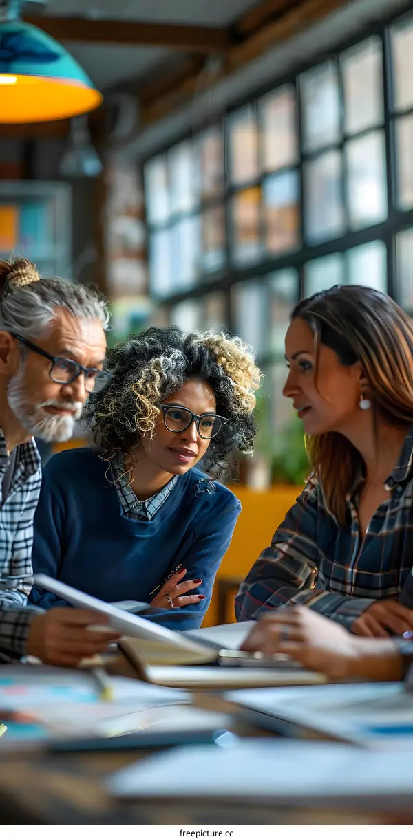 Three people discussing ideas in a modern office