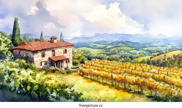 Watercolor Painting of a Tuscan Farmhouse and Vineyard