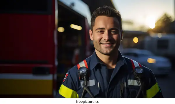 Portrait of a smiling firefighter in front of a fire truck