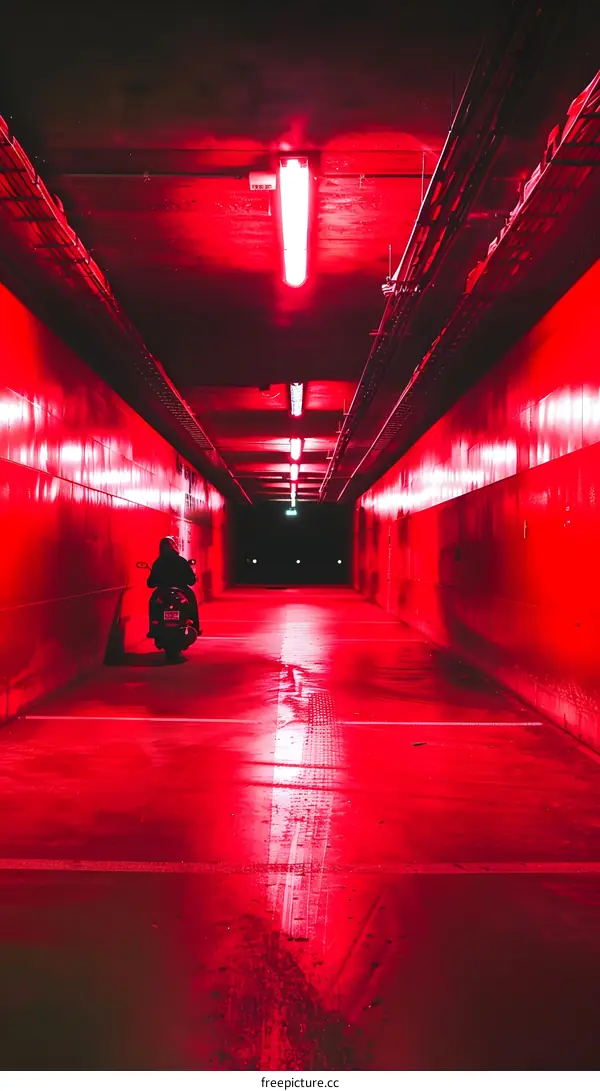 Red Light Tunnel with Silhouette of Person on Motorcycle