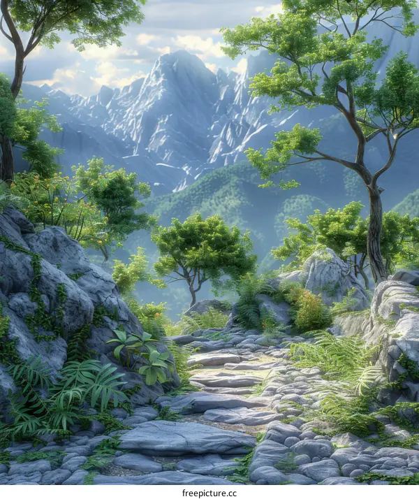 Fantasy Mountain Landscape with Stone Path Trail