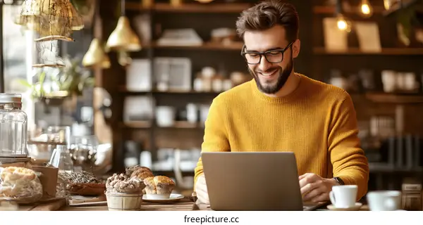 Man Working On Laptop In Coffee Shop