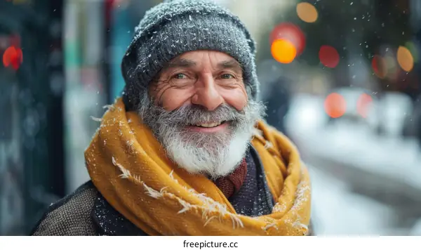 Smiling Senior Man in Snowy Weather