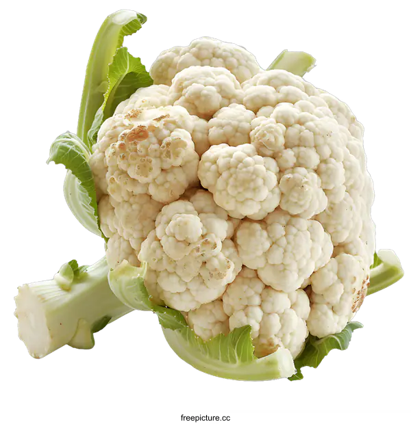 [Transparent Background PNG]Fresh White Cauliflower with Green Leaves on White Background