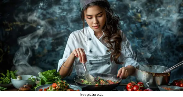 Chinese Female Chef Cooking in Commercial Kitchen