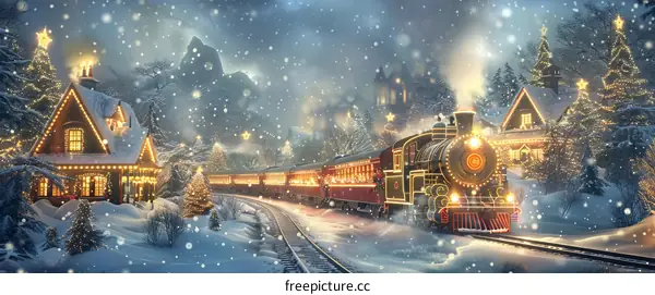Christmas Train in a Snowy Village