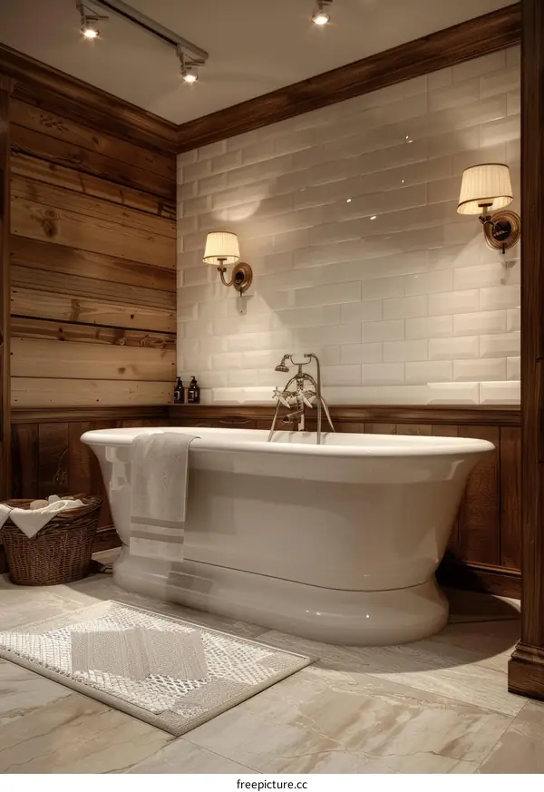 Luxury Wooden Bathroom with a Freestanding Bathtub