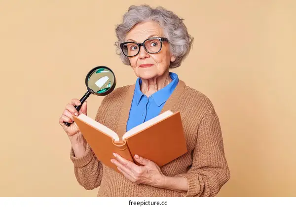Senior Woman Reading a Book with Magnifying Glass