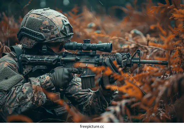 Soldier in the forest aiming his rifle