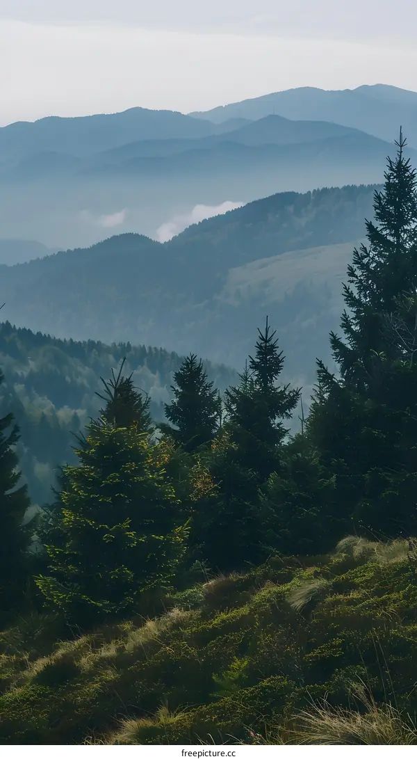 Foggy Mountain Landscape with Green Trees