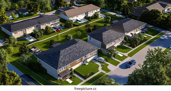 Aerial View of a Residential Neighborhood with Houses, Green Grass, and Cars