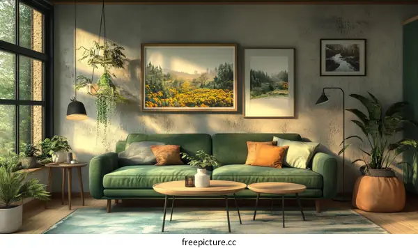 Modern Living Room with Plants and Artwork