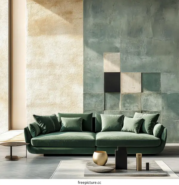 Modern Living Room Interior Design with Green Velvet Sofa