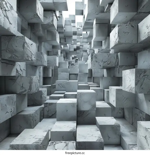 Abstract 3D rendering of a maze of concrete blocks