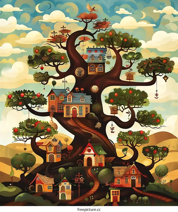Fantasy Treehouse Village Illustration