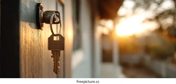 A house key hanging on a wooden door at sunset