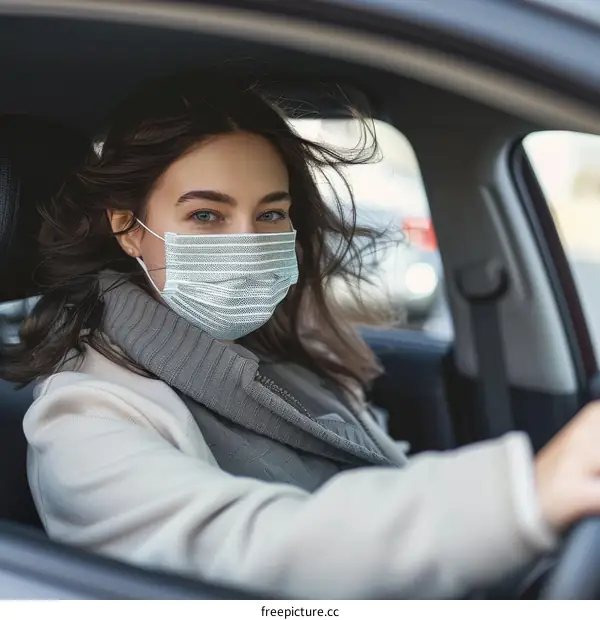Young woman wearing a mask driving a car