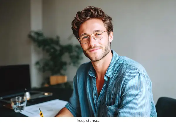 Smiling Man in a Blue Striped Shirt