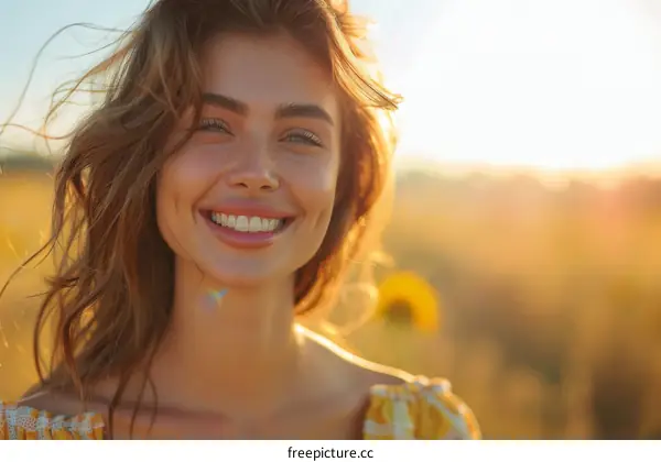 Woman Smiling in a Field at Sunset