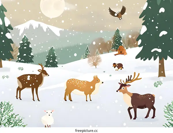 Winter Wonderland with Deer and a Bird in the Sky