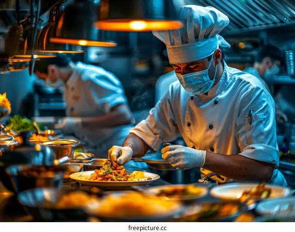 Chef in a professional kitchen wearing gloves and a mask