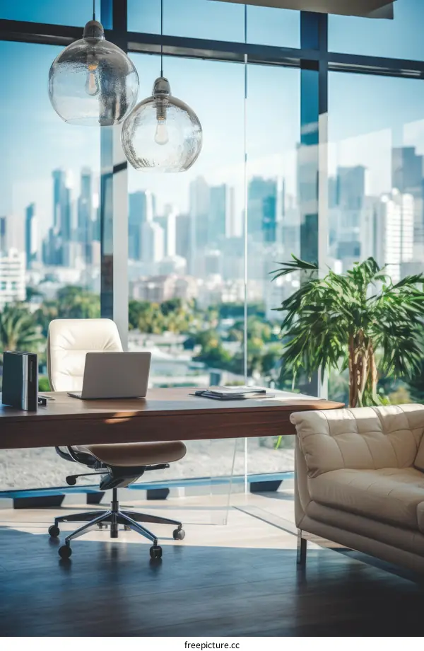 Modern office interior with large windows and city view
