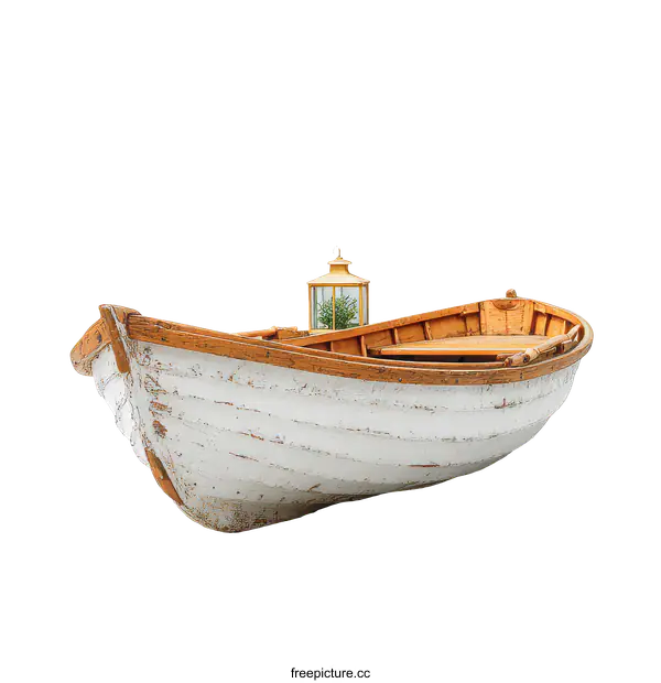 [Transparent Background PNG]Vintage Wooden Rowboat with Decorative Lanterns