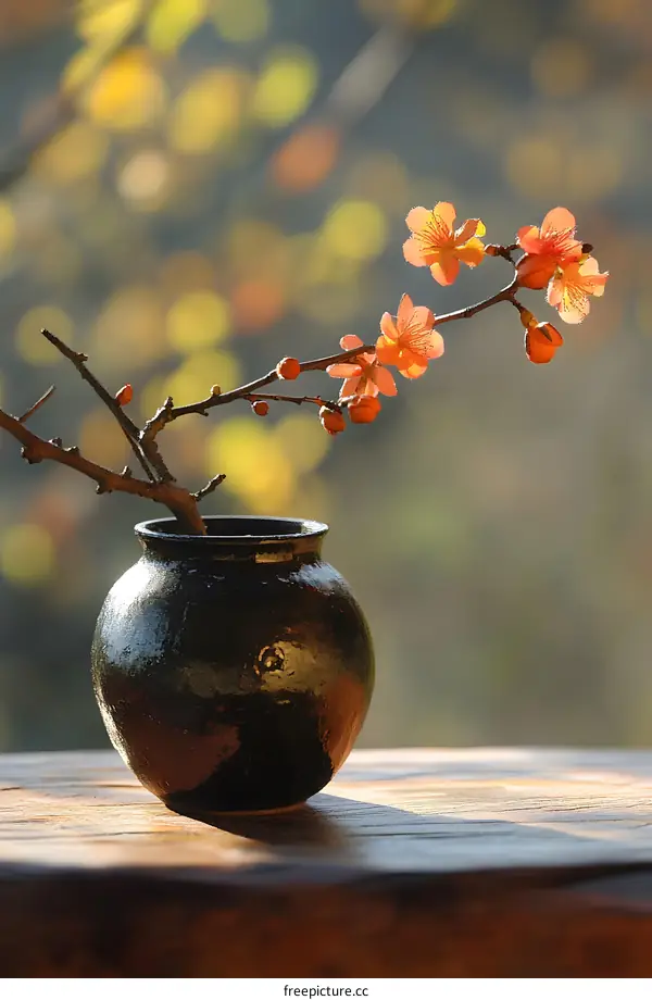 Peach Blossom Branch in a Ceramic Vase on a Wooden Table