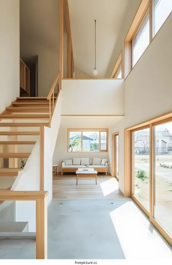 Modern Minimalist House with Wooden Staircase and Large Windows