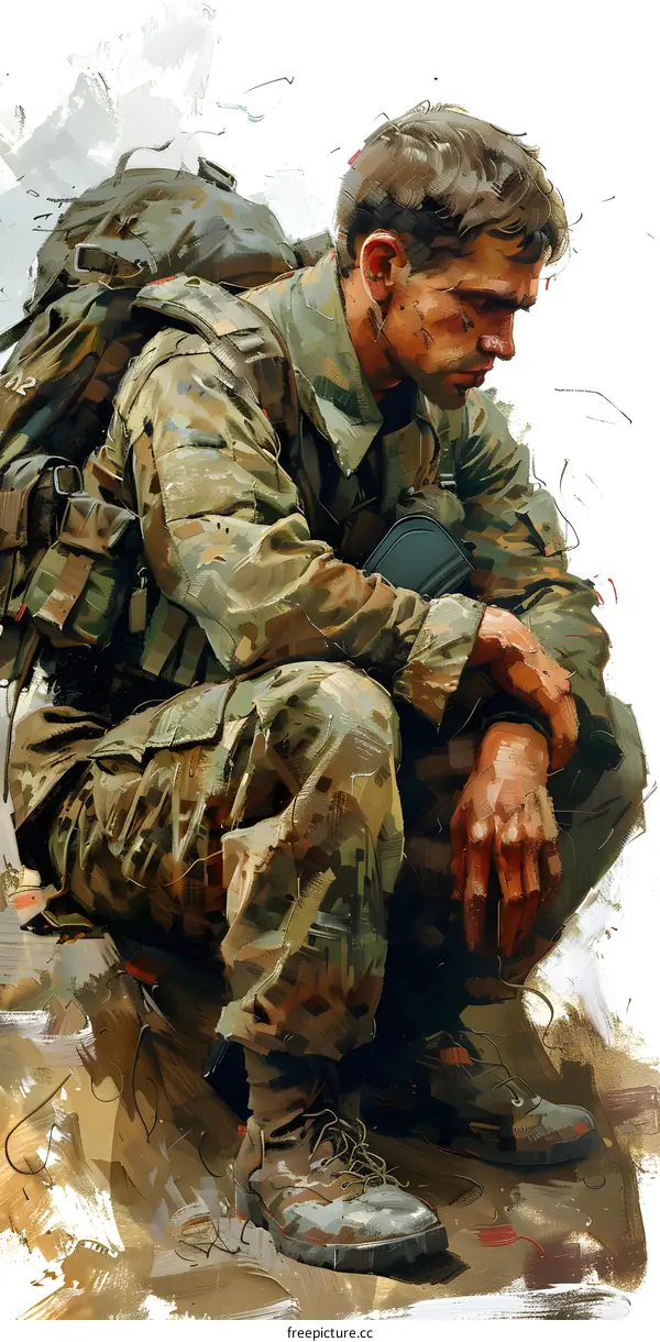 A soldier sits on the ground in a contemplative pose