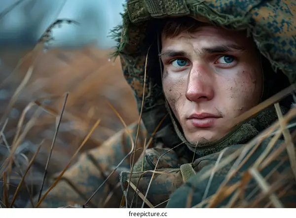 Portrait of a young soldier in the field