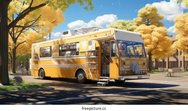 A yellow bus is parked on a street with yellow trees.