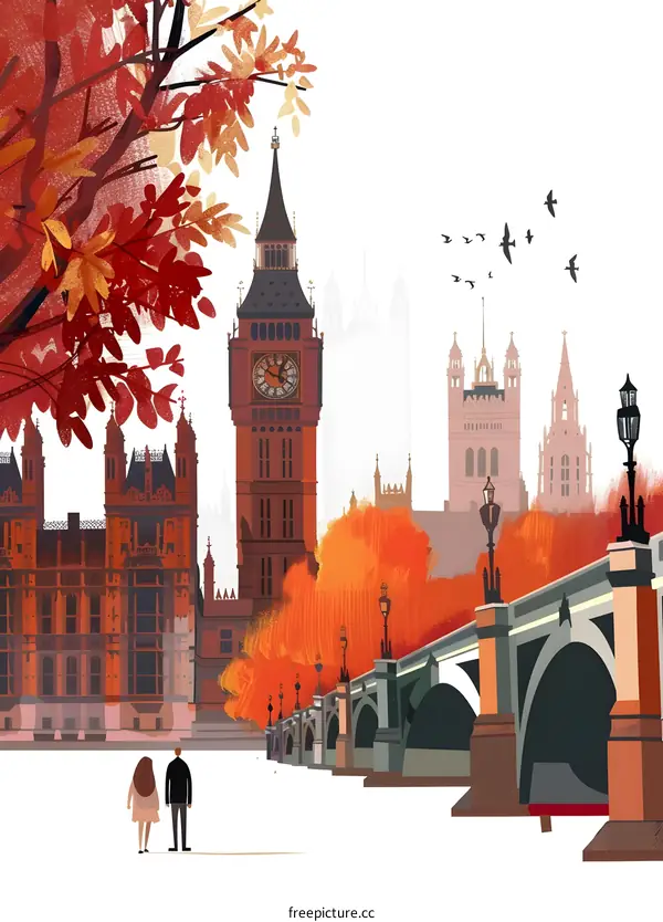London Autumn Illustration with Big Ben and Couple