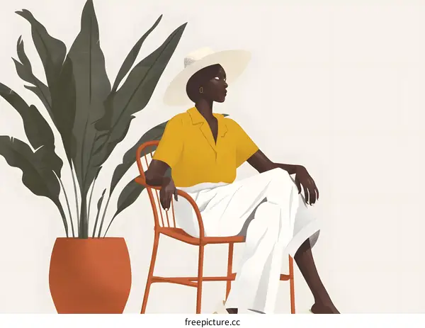 Woman in Yellow Blouse Sitting in Chair with Plant