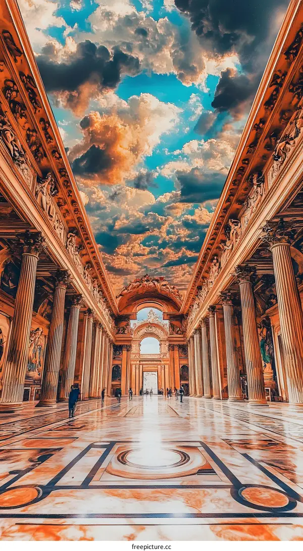 Golden Hall Interior with Dramatic Sky View