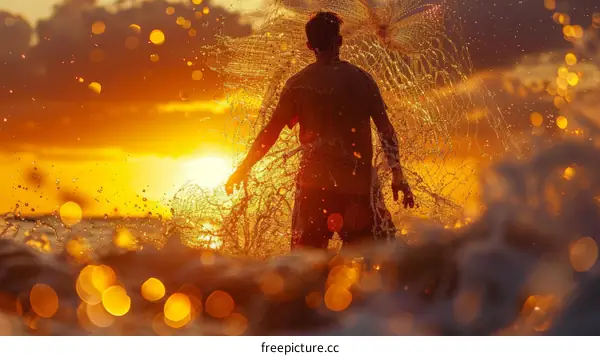 shirtless man in black shorts casting fishing net into the sea at sunset