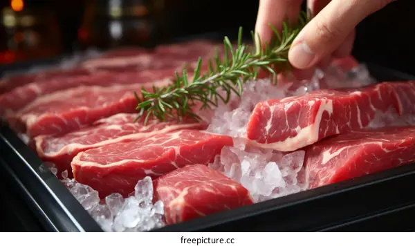Close up of hand placing rosemary on raw beef steaks on ice