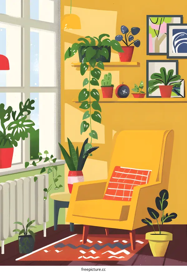 Cozy Living Room With Yellow Armchair And Plants