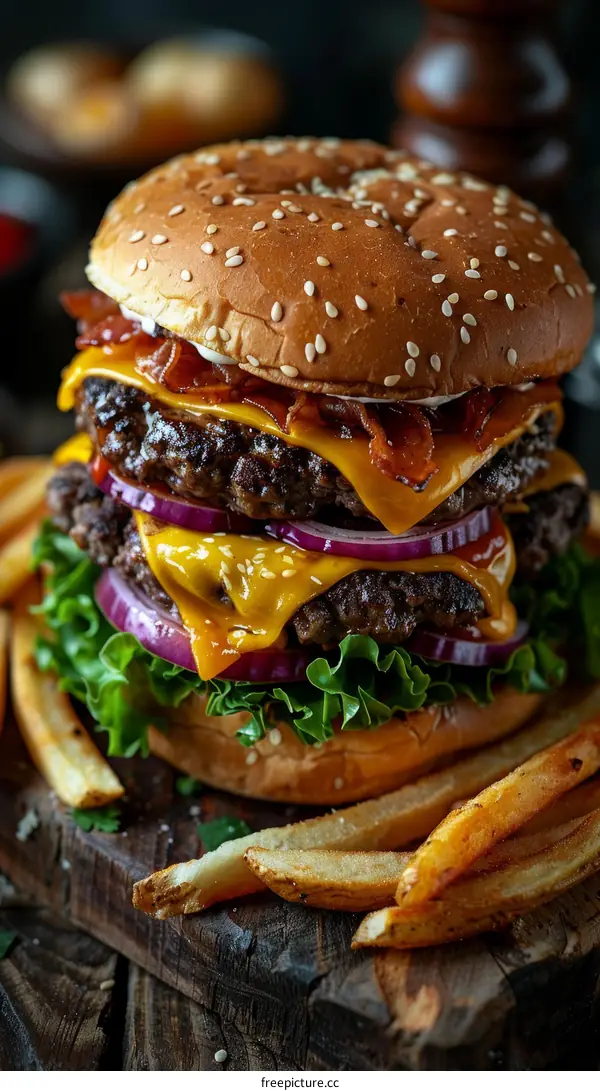 A delicious double cheeseburger with bacon and fries