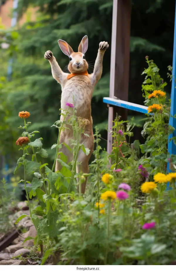 A cute rabbit standing on its hind legs in a garden