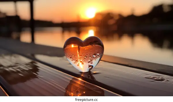 Heart-shaped crystal ball on a wooden dock at sunset