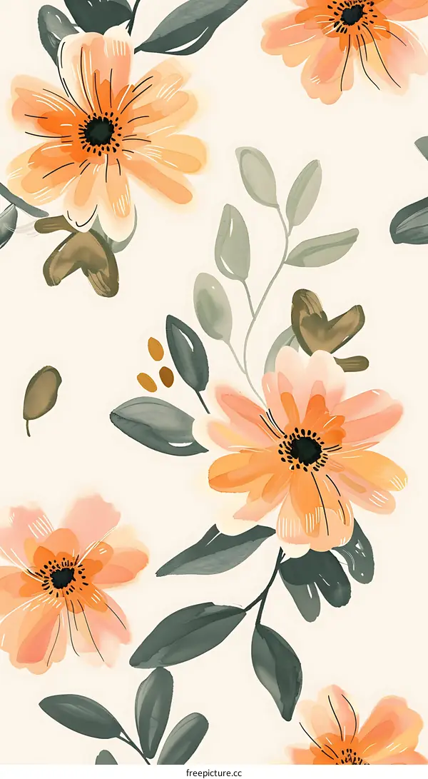 Seamless Watercolor Floral Pattern with Green Leaves