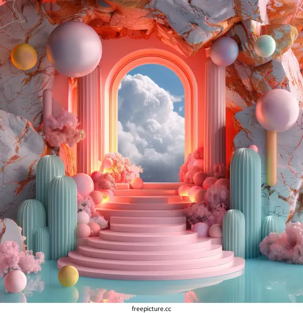 Pastel Dreamy Archway Scene with Clouds