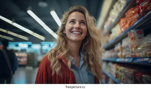 Young Woman Shopping for Groceries in Supermarket Aisle