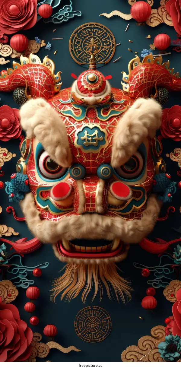 Chinese Lion Dance Mask Illustration with Festive Decorations