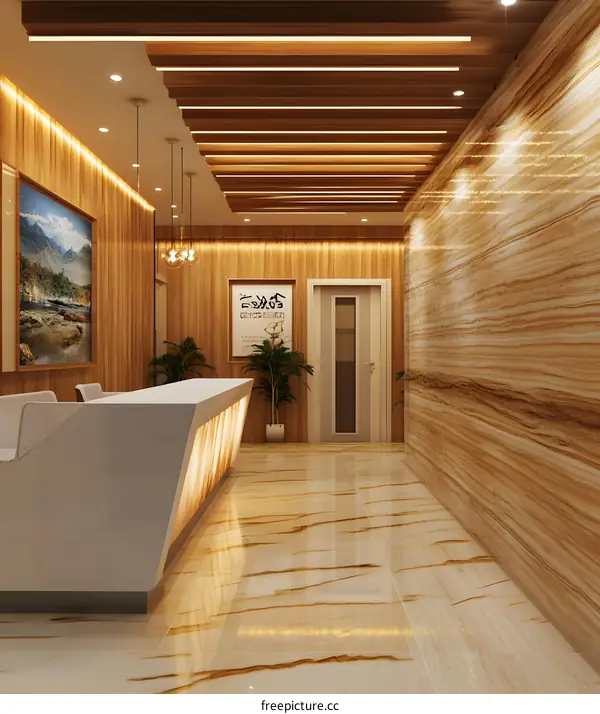 Modern Hotel Lobby Interior Design with Wooden Wall Panels