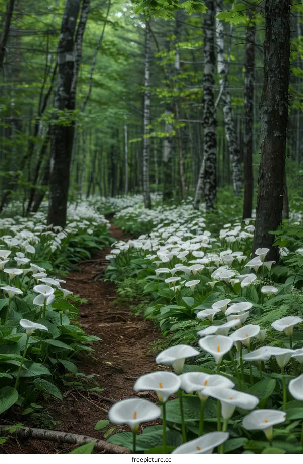 White Calla Lilies in a Forest Path