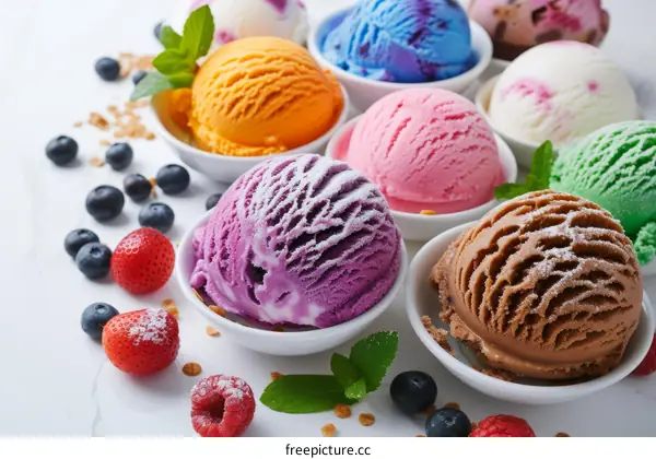 Ice cream in white bowls with fresh berries